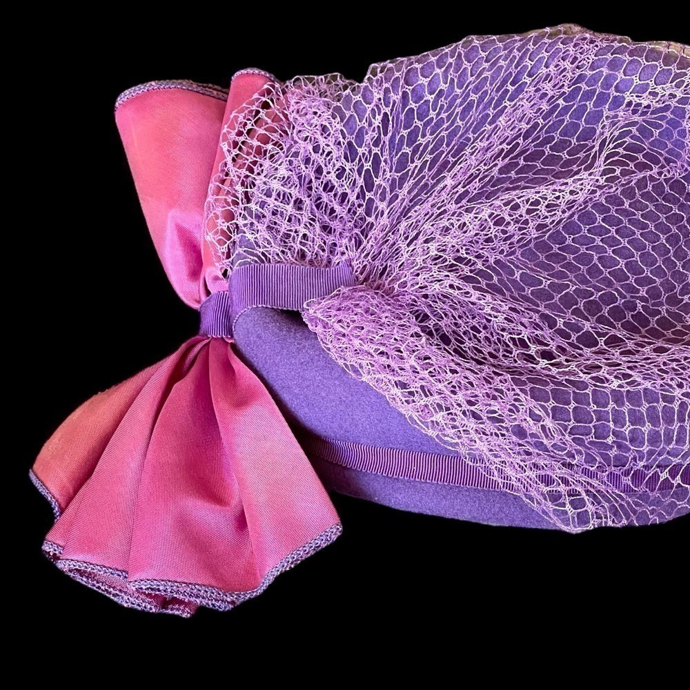 Vintage 1980s Wool Fascinator Hat Lilac Purple With Accordion Bow Original Veil - Picture 9 of 16